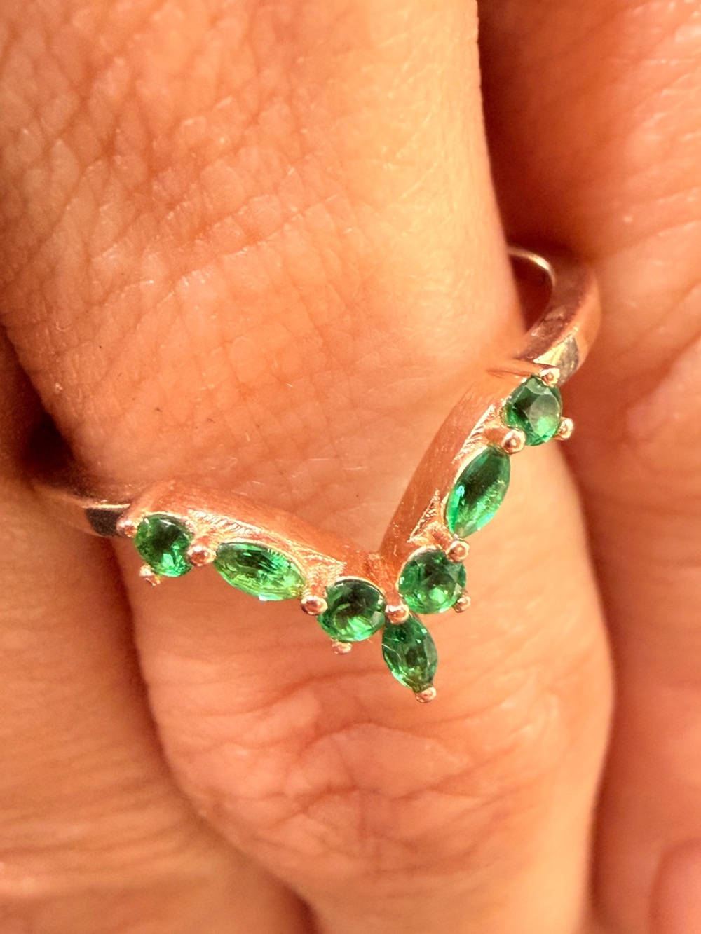 Chevron 14K Rose Gold Emerald Women's Ring Sz 7.5